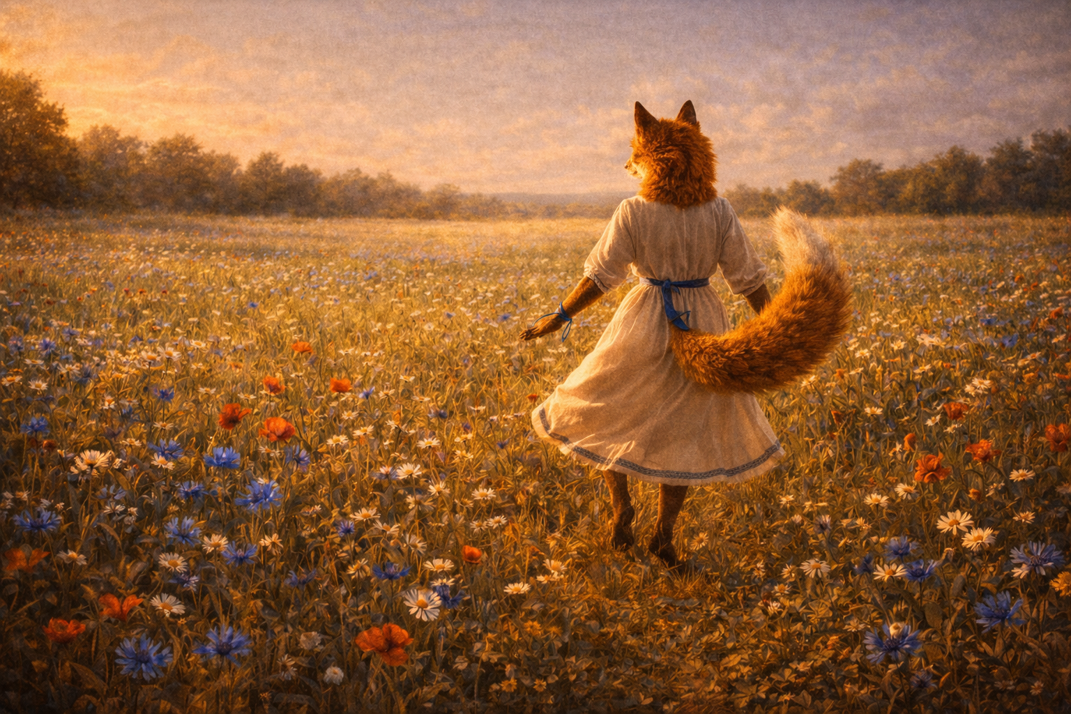 Foxyana dancing in a blooming spring meadow — the child's step, joy as an act of will